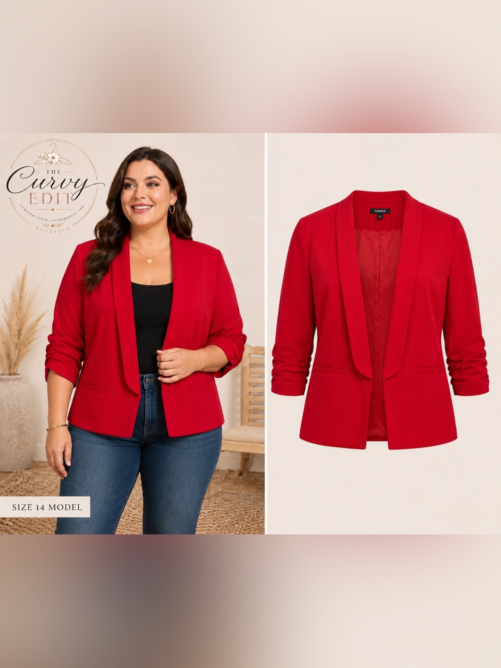 Torrid Ruched Sleeve Open Front Blazer – Size 1 | Polished Casual Dressy